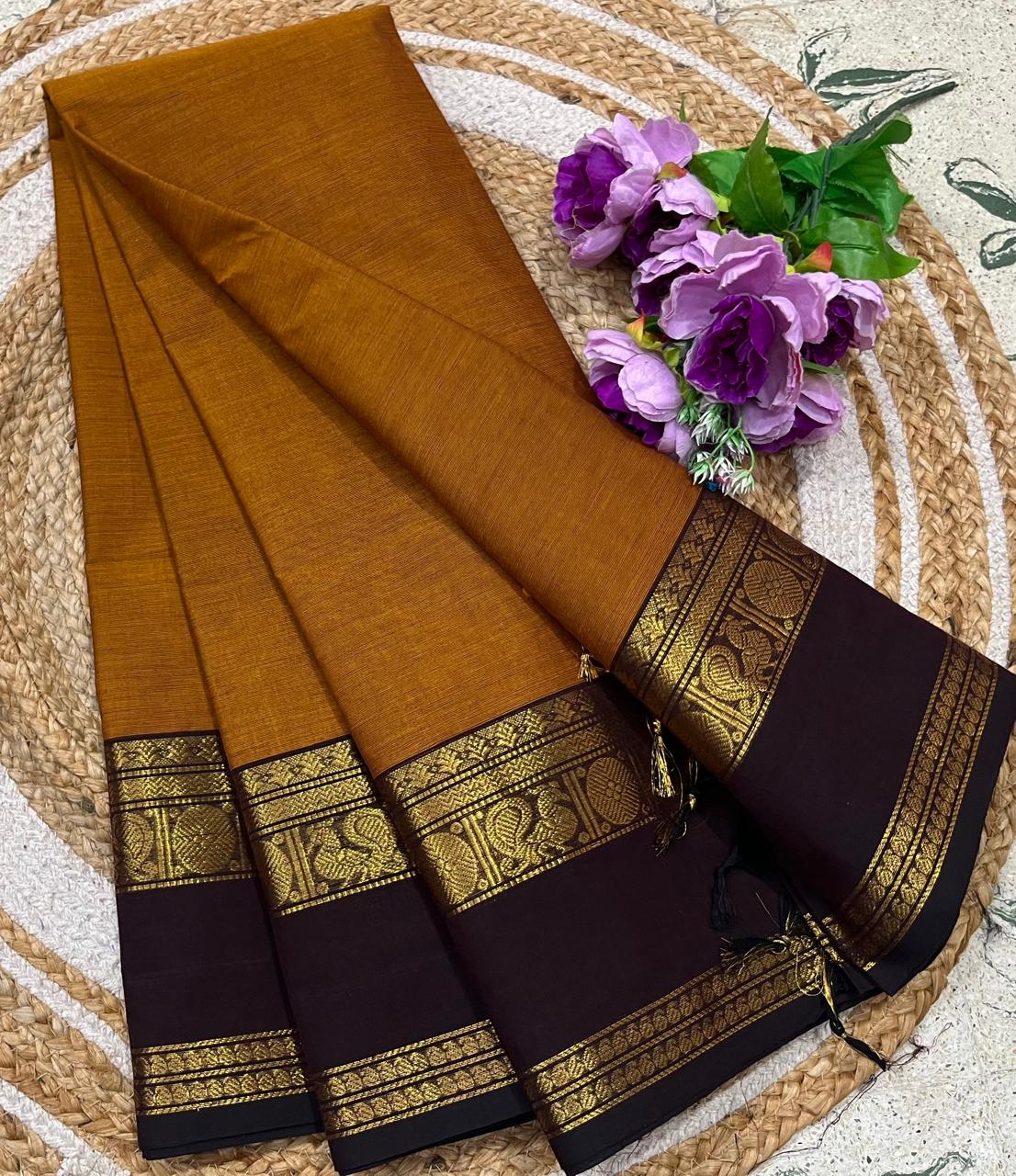 Mustard Brown Kanchi Cotton Saree With Peacock Border
